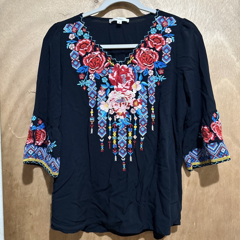 Andrée By Unit Floral Embroidered Blouse Size S Black Boho Hippie